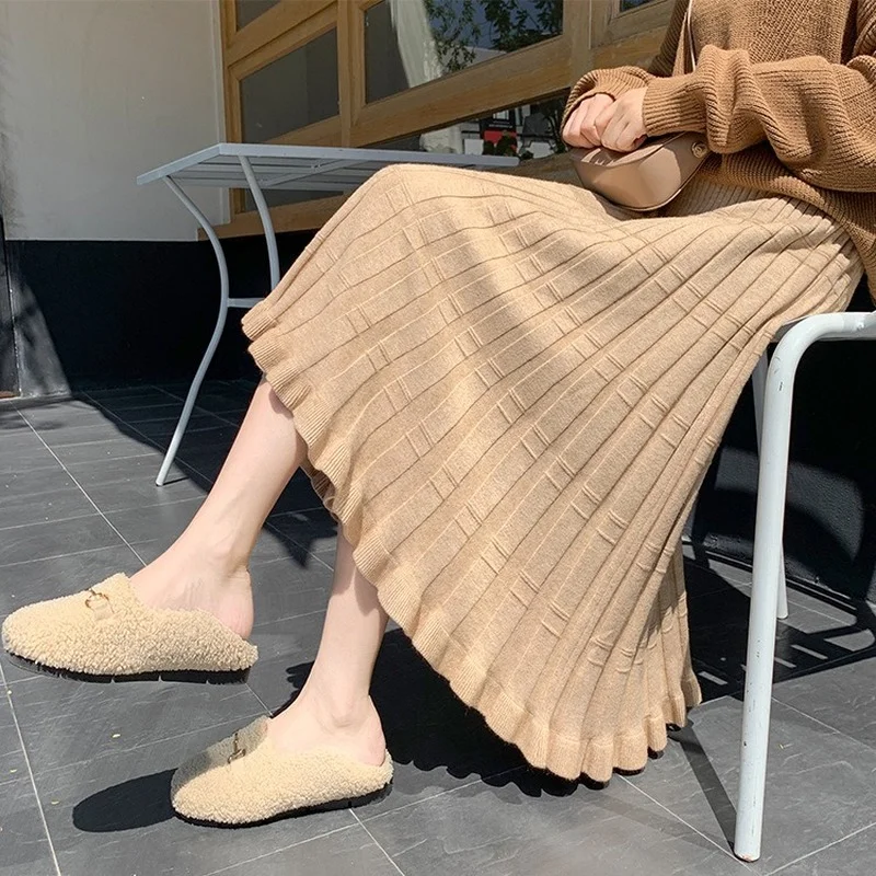 

Multi-colored Skirt Real Shot Knitted A-line Skirt Women's Mid-length New High-waisted Skirt with Fungus Edge Wool Pleated Skirt