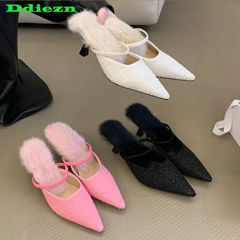 

Туфли-лодочки женские с мехом, на тонком высоком каблуке, сланцы, заостренный носок, модная обувь, осень 2023