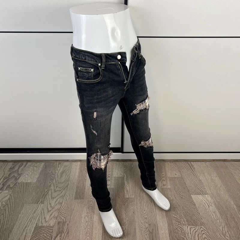 High Street Fashion Men Jeans Retro Black Blue Elastic Skinny Fit Ripped Jeans Men Patched Designer Hip Hop Brand Pants Hombre