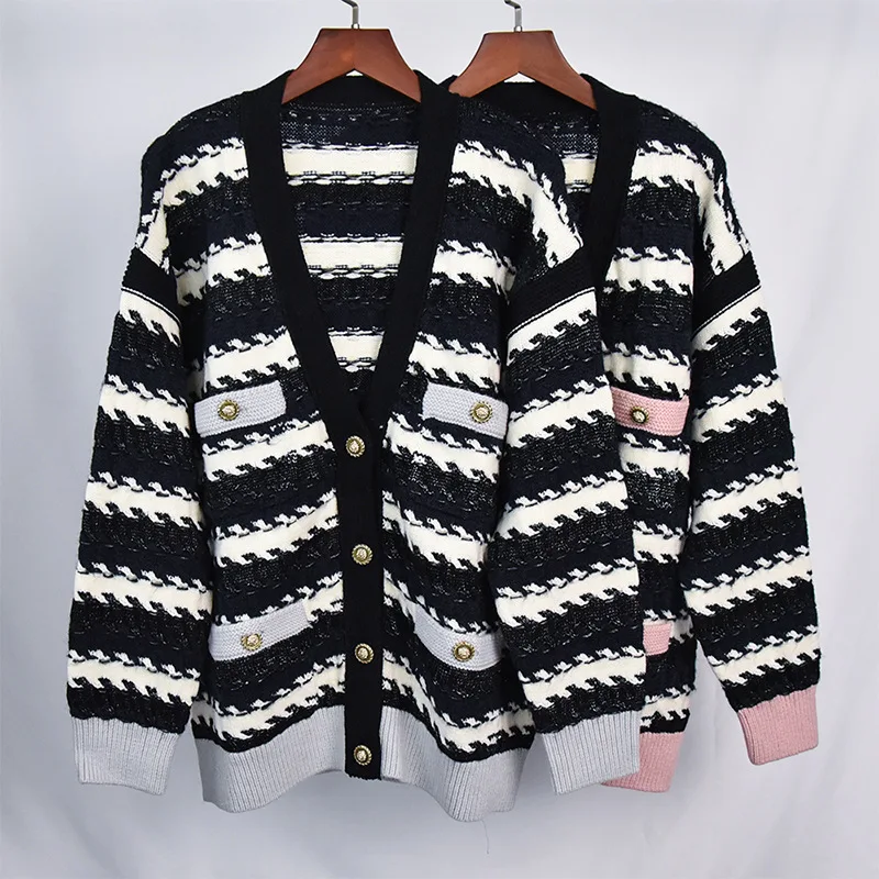 

Женский трикотажный кардиган в полоску, элегантный Свободный кардиган с V-образным вырезом, модель C638 на осень, 2022