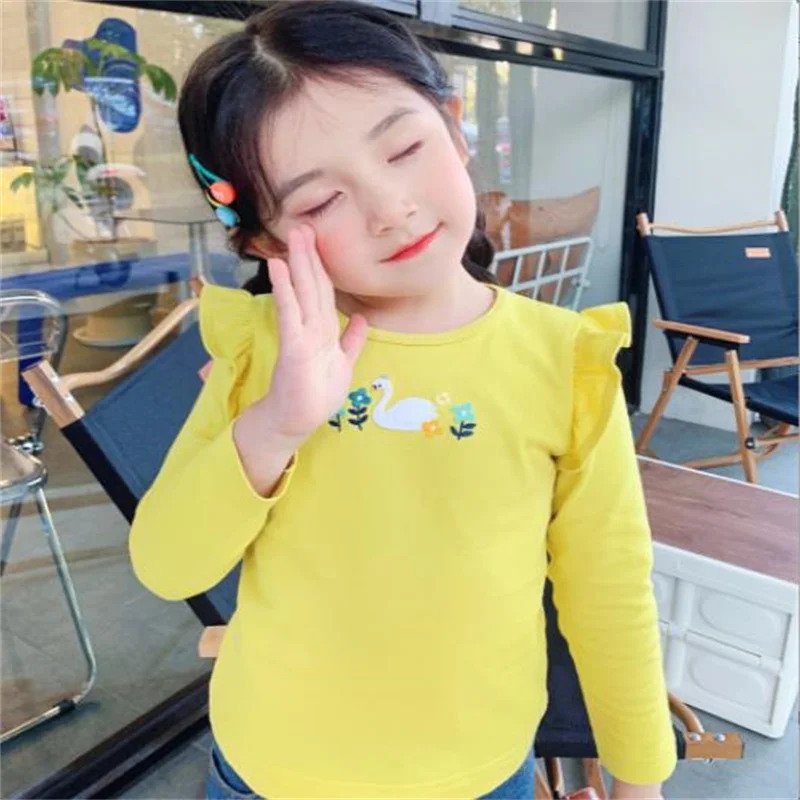 

Новые Топы с вышивкой лебедя, летающие рукава, хлопковые футболки для девочек с круглым вырезом и длинным рукавом для детей