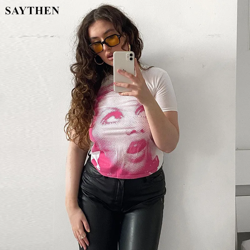 

SAYTHEN, летняя женская футболка с забавным индивидуальным принтом лица, круглым вырезом и коротким рукавом