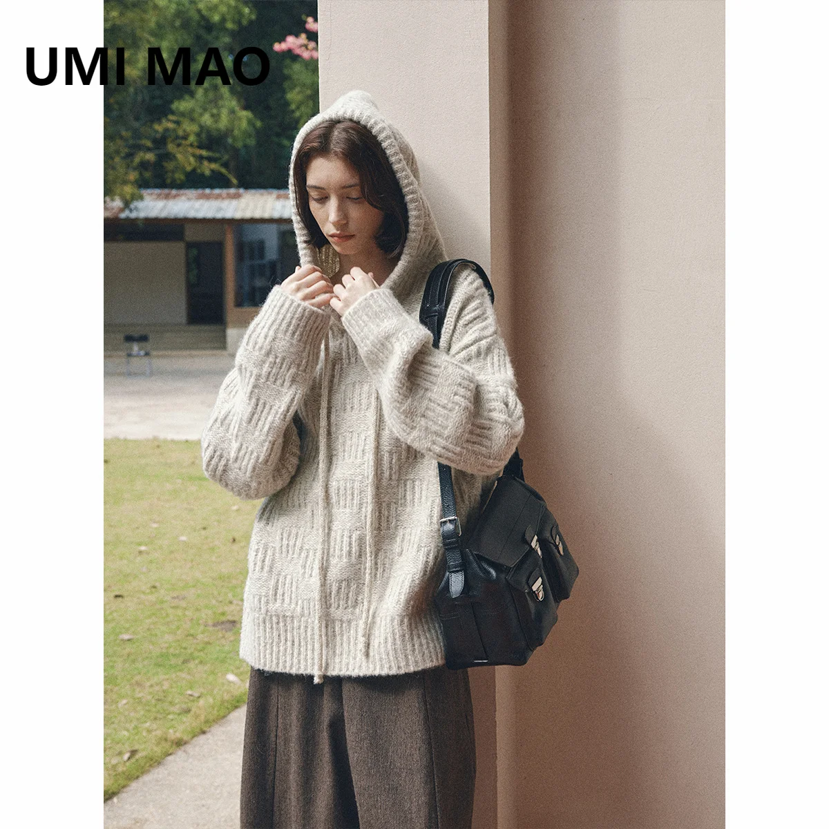 UMI MAO Шерстяная цветочная пряжа с текстурой ощущением тепла пуловер капюшоном