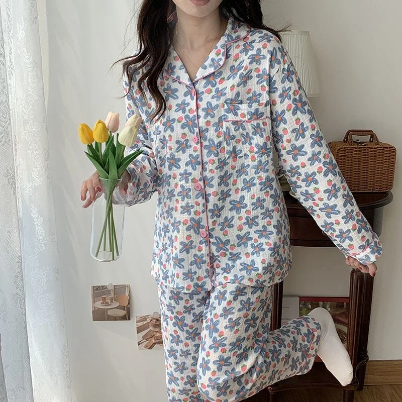 

100% Cotton Winter pajamas Printed Ladies Pajamas Set Loose Thin Lapel Long Sleeves Gauze Cotton 2Pcs Sleepwear Loose Homewear