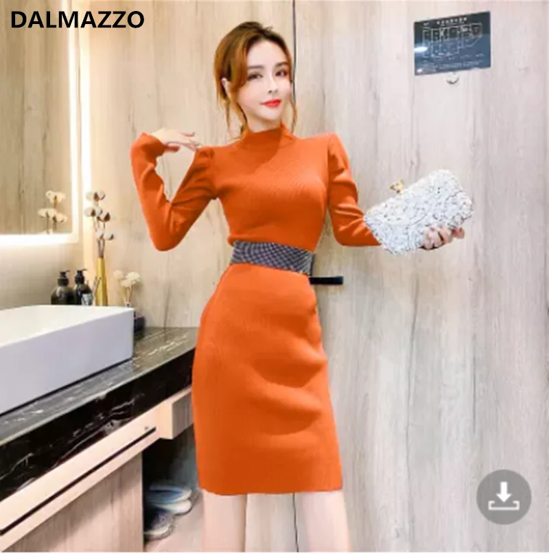 

DALMAZZO 2022 New Spring Knitted Bottoming Sweater Dress Women Pullovers Elastic Waist Straight Knee Length Dresses Female