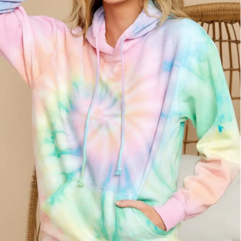 

Новинка, Женская Повседневная Свободная рубашка с капюшоном, уличная одежда, Женская Осенняя толстовка с капюшоном, свитшоты с принтом тай-дай, пуловеры с длинными рукавами и карманами