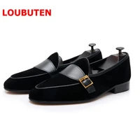 loubuten black suede loafers luxury men dress shoes fashion buckles leather business office shoes slip on party and wedding shoe