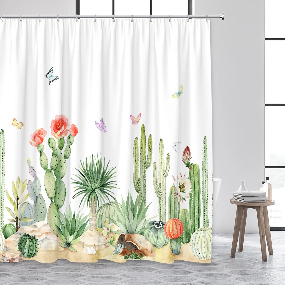 

3D Cactus Shower Curtain Watercolor Desert Green Tropical Plant Print Bathroom Curtain Set Polyester Fabric Bath Accessories