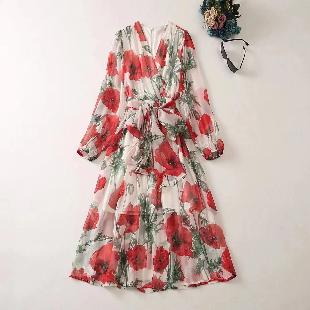 European and American women's clothes 2023 spring new Long sleeve V-neck Red flower print fashion Pleated Dress