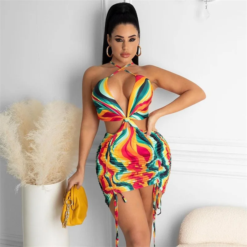 

Summer Bodycon Dress Women Printing Cutout Off Shoulder Cross Halter Backless Ruched Drawstring Mini Vestidos Club Streetwear