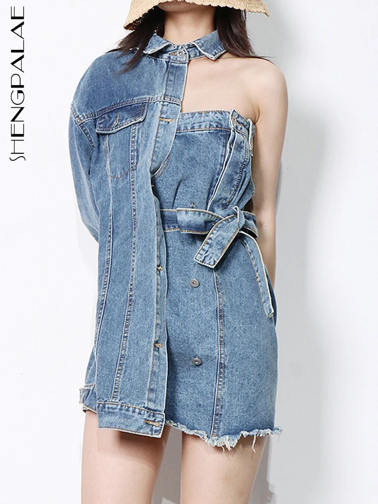 

SHENGPALAE стильное дизайнерское джинсовое платье с вырезом, одним боковым рукавом, талией, открытыми плечами, короткие платья для женщин, новин...