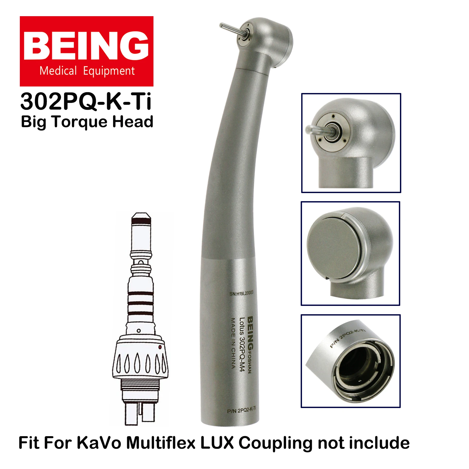 BEING Dental High Speed Air Turbine Push Button Big Torque Head Handpiece 302PQ-K Ti Fit KaVo MULTIflex LUX Coupling Coupler