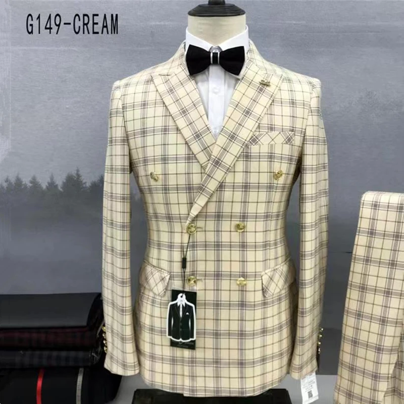 

Men Double Breasted Suit Trousers / 2022 Business Formal Dress Slim Fit Groomsmen Groom Wedding Dress Plaid Blazers Jacket Pants