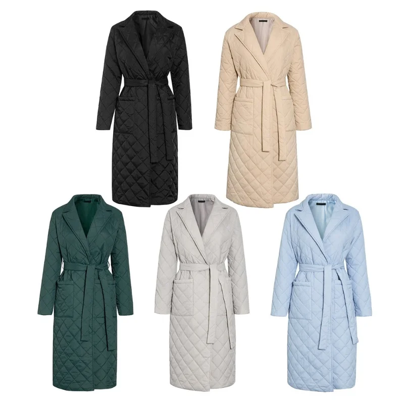 2023 Autumn Winter Womens Argyle Long Coat Jacket Thin Parkas Belt Coat Plaid Double Breasted Trench Coats for Women Overcoat