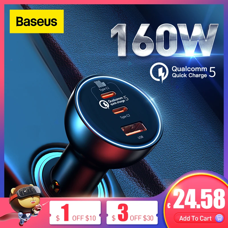 

Baseus 160W Car Charger QC 5.0 Fast Quick Charging PPS PD3.0 USB Type C Car Phone Charge For iPhone 14 13 12 Pro Laptops Tablets