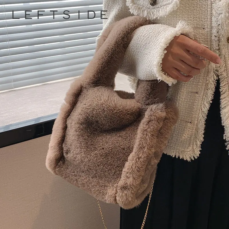 

LEFTSIDE Hairy Small Tote Bags for Women 2022 Winter Chain Solid Color Crossbody Bag Fashion Faux Fur Handbags and Purses