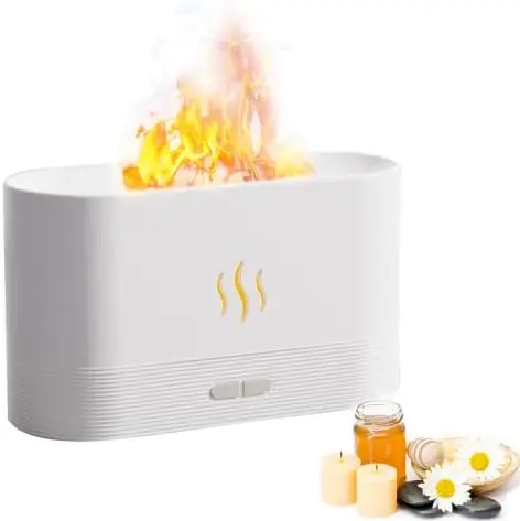 

Difusor de con efecto llamas, 180 ml, humidificador portátil ultrasónico de aromaterapia, con 2 brillo, luz nocturna, apagado