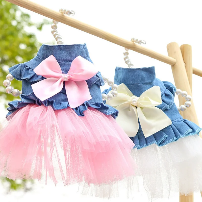 

Летняя одежда для собак, джинсовые платья для маленьких собак, щенков померонии чихуахуа, котят, ярко-розовая одежда для девочек