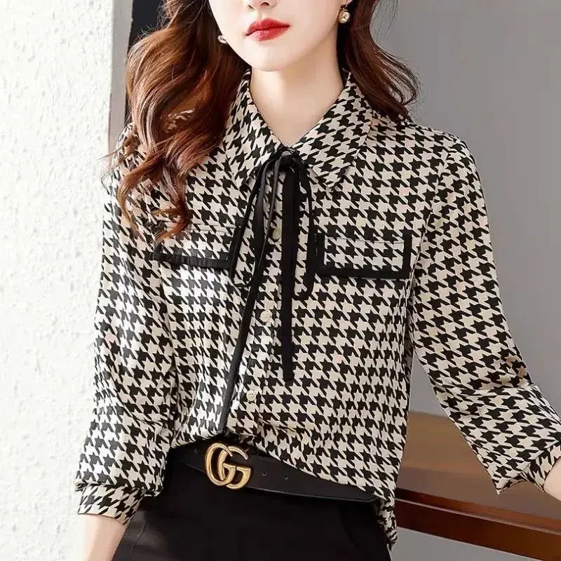 Новинка 2024 весенне-осенняя клетчатая шифоновая рубашка с тысячи птиц женская