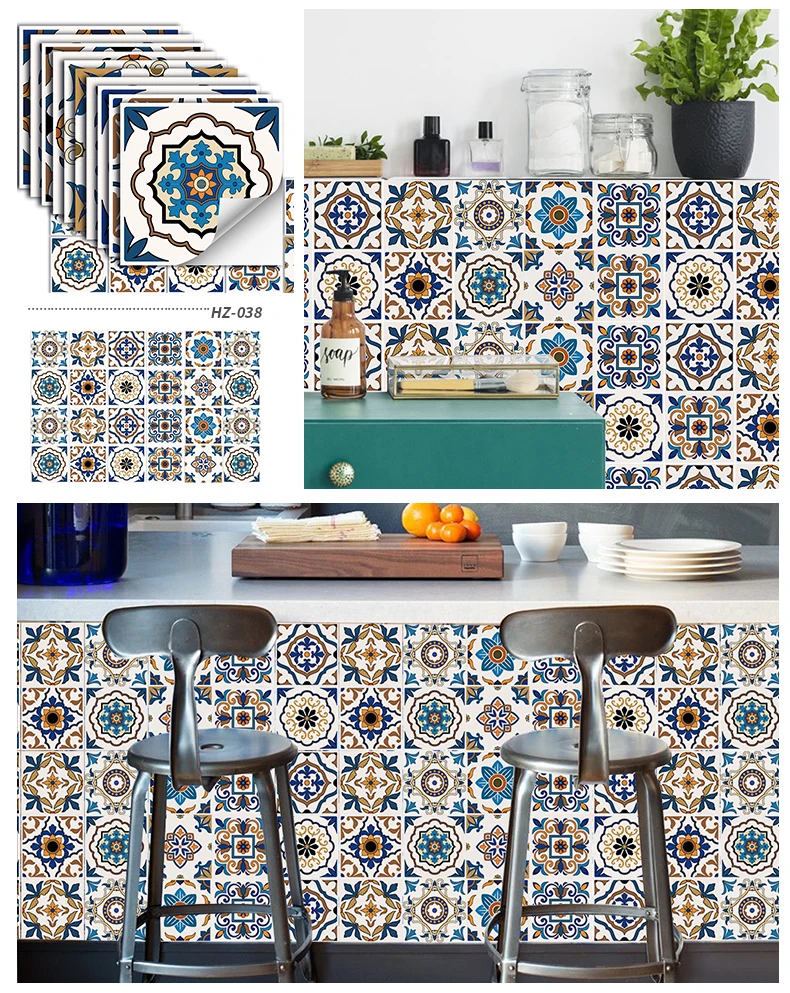 

24PCS Retro Art Pattern Tile Sticker Bathroom Kitchen Wall Decor 3D Removable Decal Waterproof Oilproof Self Adhesive Wallpaper