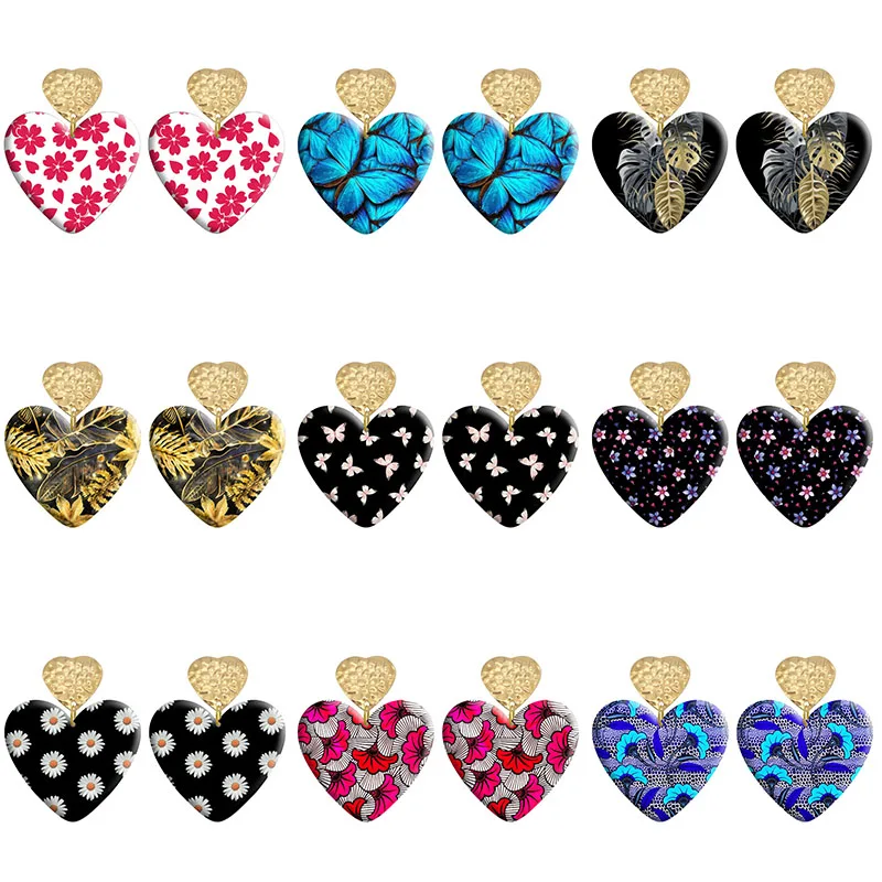 

Flower Patterns Love Acrylic Heart Hook Earrings For Women Piercing Ear Drop Dangle Jewelry R1540