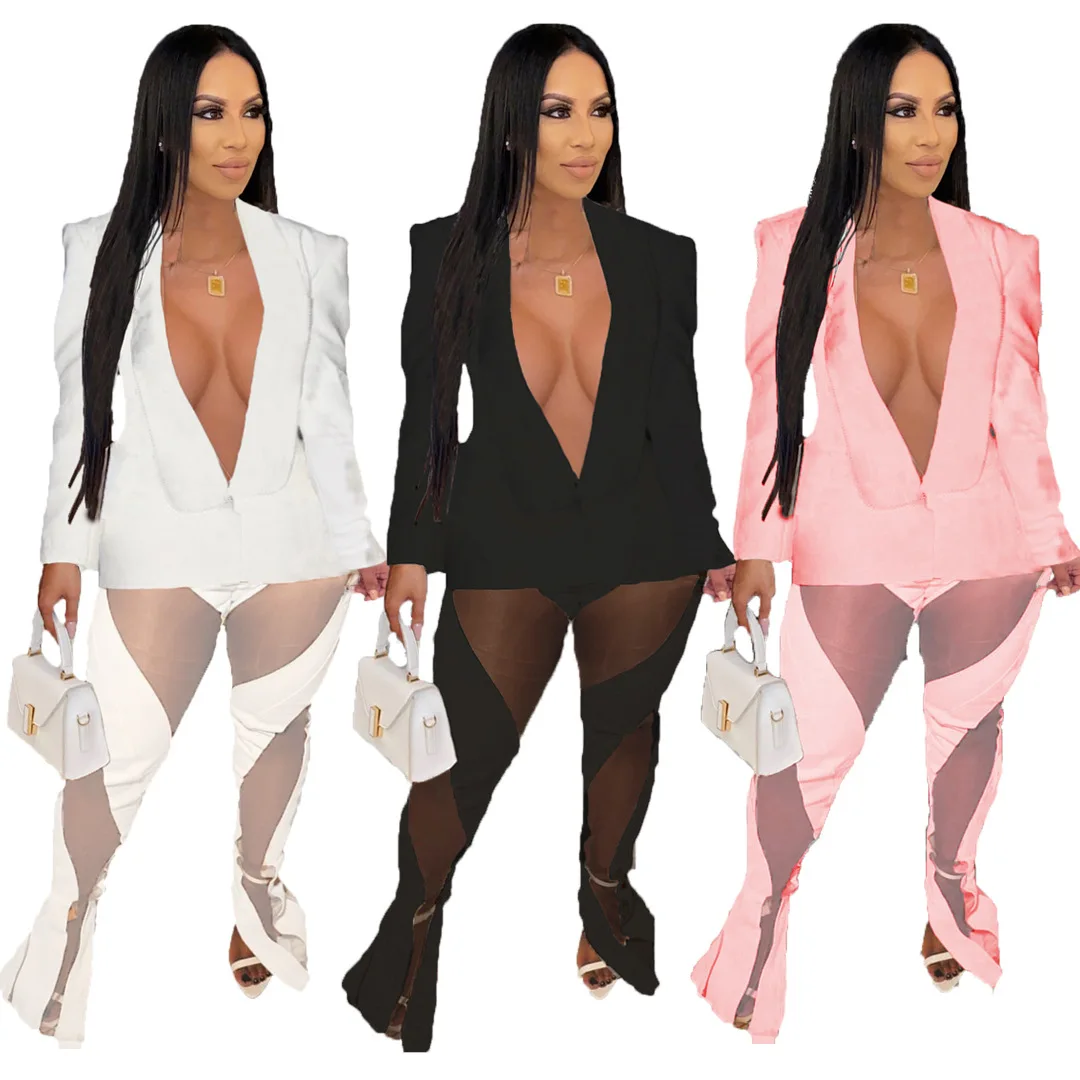 

Casaul Women Deep V neck Blazer Office Lady Two Piece Set Mesh See Through Flare Pants Club Wear Women Outfit Clotheing