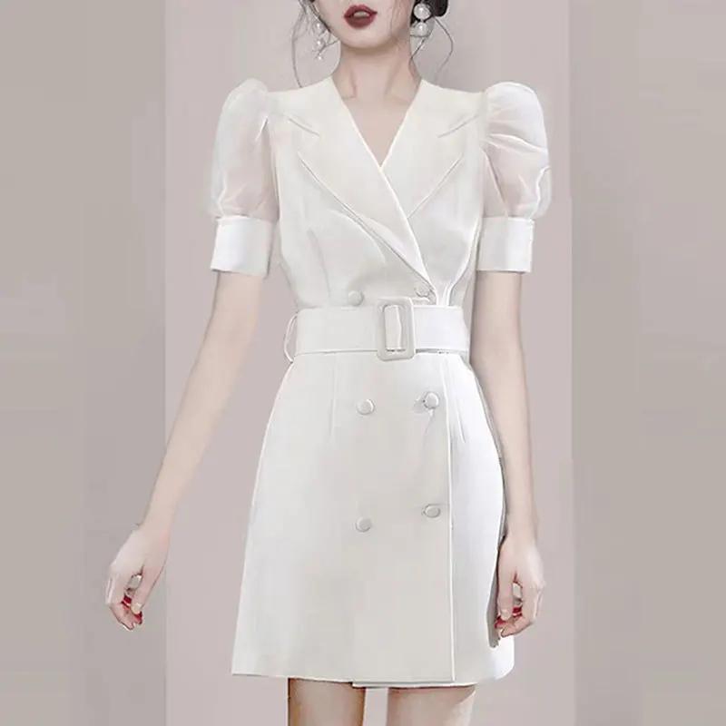 

Summer Long Blazer Dress Women Fashion Double Breasted Puff Short Sleeve Mesh Patchwork Thin Blazers Coat Outerwear Chic Tops