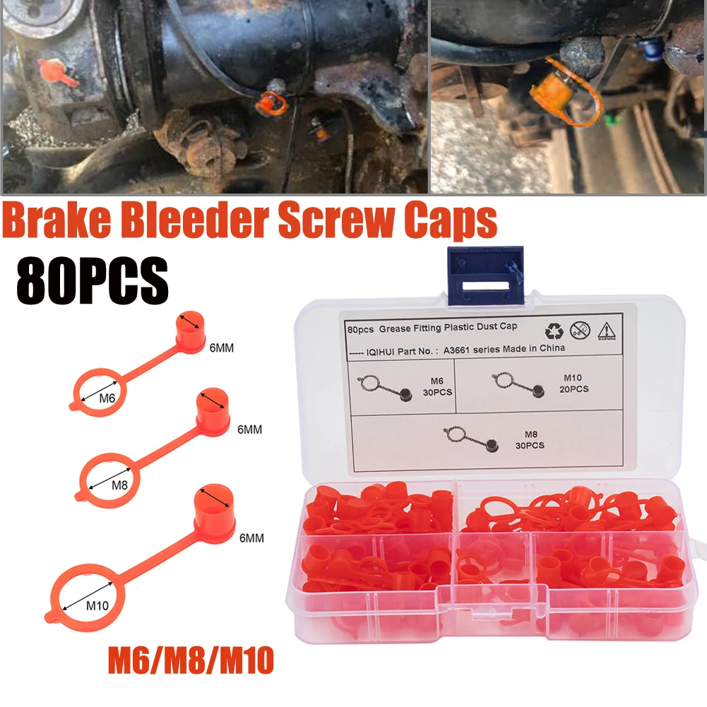 

Hot Sale Car Necessities 80pc Brake Bleeder Screw Cap Grease Zerk Fitting Cap Rubber Dust Cover M6/M8/M10