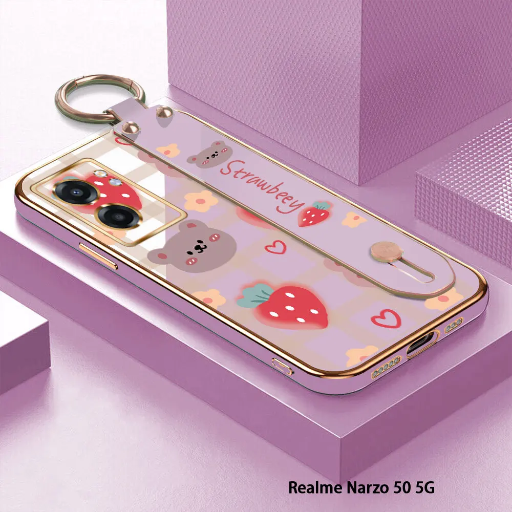 

(With Wristband) For Realme Narzo 50 5G 50A Prime 20 Pro 30A Strawberry Back Cover Case Luxury Plating TPU Phone Cases