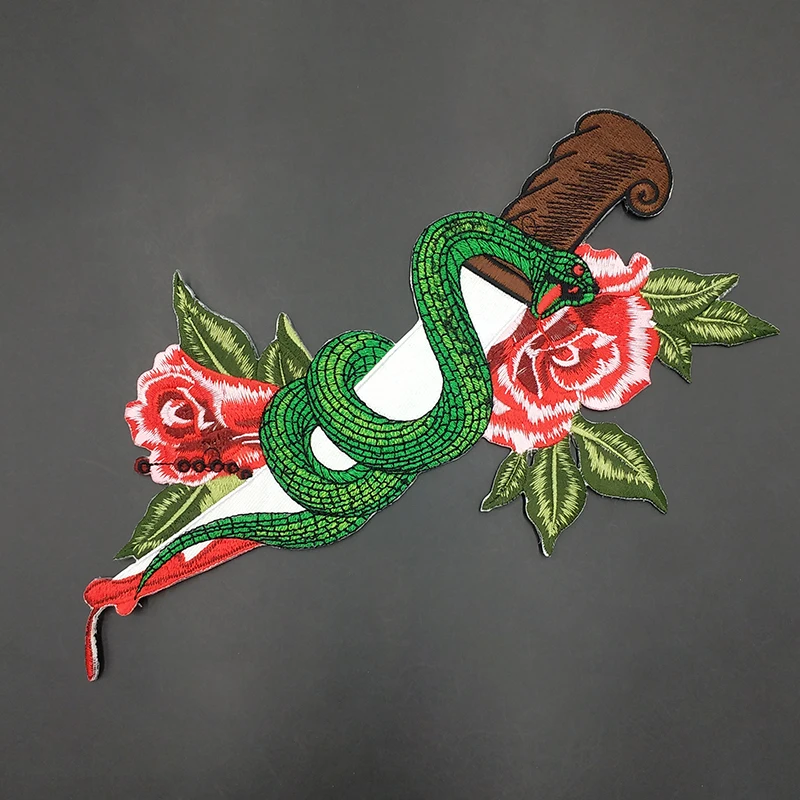 Вышивка зеленая змея нож Цветочный Большой размер нашивка на спину Боевая куртка нашивка