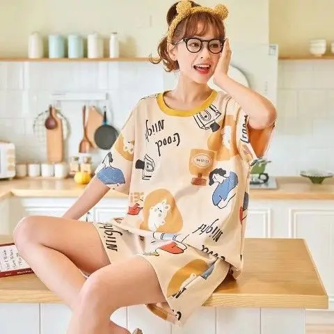 Women Pajama Sets Loose Casual Short Sleeve Cartoon Kawaii O-neck Cotton Cozy Soft High Elastic Waist Ulzzang Female Sleepwear