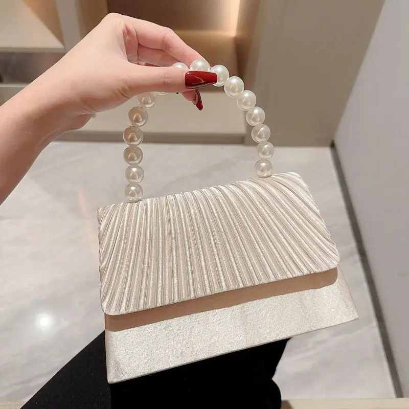 

Qyahlybz Fashion Evening Bag Pearl String Handbag Dress Clutch Pleated Flip Bag Celebrity Small Square Handbags