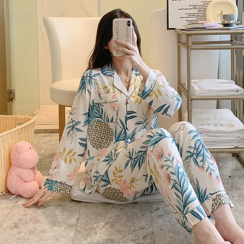 New Cotton Silk Pajamas Lady Spring  Autumn Long-sleeved Two-piece Set Cute Print Thin Cardigan Pyjamas Women