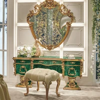 custom european luxury solid wood dresser emerald green gold foil french court carving makeup mirror table bedroom furniture