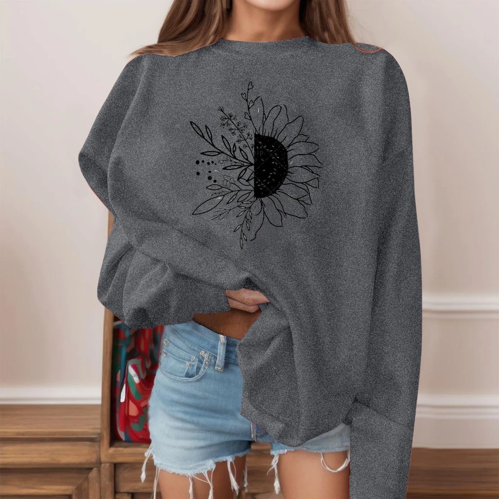 

Свитшот женский с принтом подсолнуха, Свободный пуловер оверсайз в стиле Харадзюку, с длинным рукавом и круглым вырезом, осень