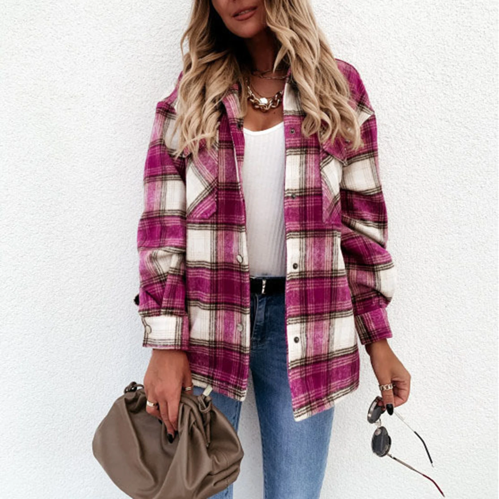 

Women Shirt Blouses with Pocket Single Breasted Ladies Casual Plaid Shirt Lapel Collar Long Sleeve Vintage Style Daily Outfit