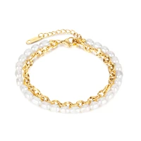 fashion natural pearl bracelet for women double layer wear stainless steel chain wedding birthday jewelry gift