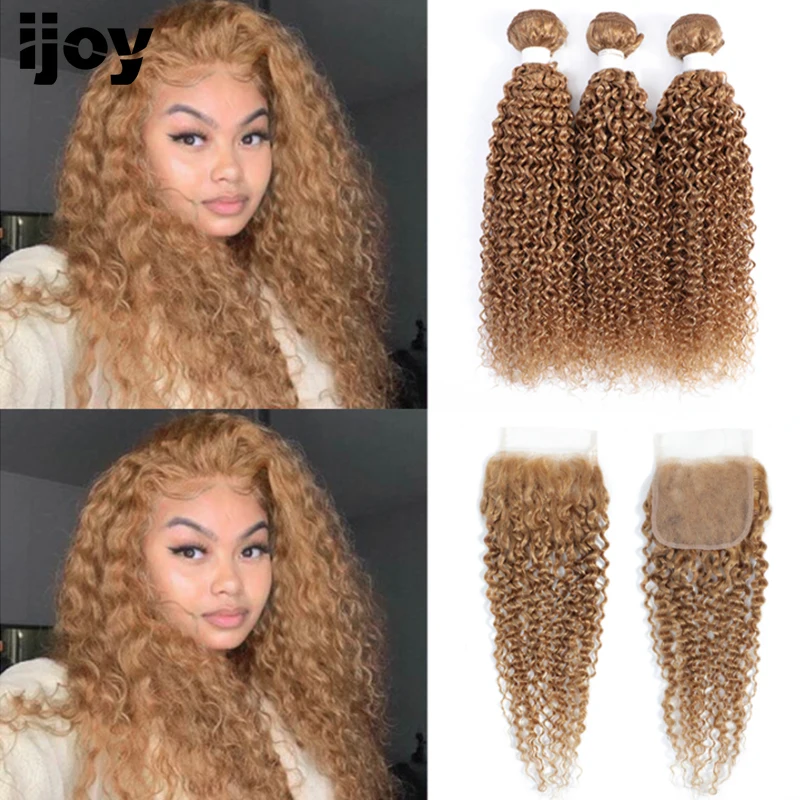 Kinky Curly Bundles With Closure Honey Blonde Human Hair Weave Bundles With 4x4 Closure Brazilian Non-Remy Hair Bundles IJOY