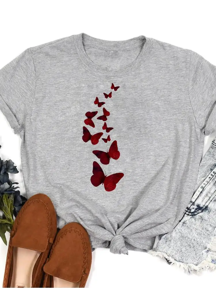 

T Top Clothing Tee Women Lady Print Summer Casual Butterfly Sweet 90s Trend Cartoon Graphic Cartoon Fashion Tshirts T-Shirt