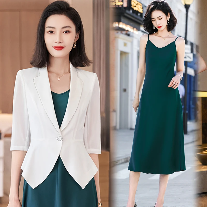 High Quality 2023 Summer Suit Jacket Suspenders Dress Two-piece Women's Office Professional Wear Korean Casual Blazers Skirt Set