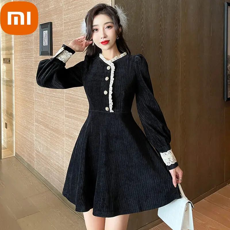 

Xiaomi Elegant Vintage Black Mini Dress Women Lace Patchwork Autumn Winter Long Sleeve Dresses Fashion High Street Female Robe