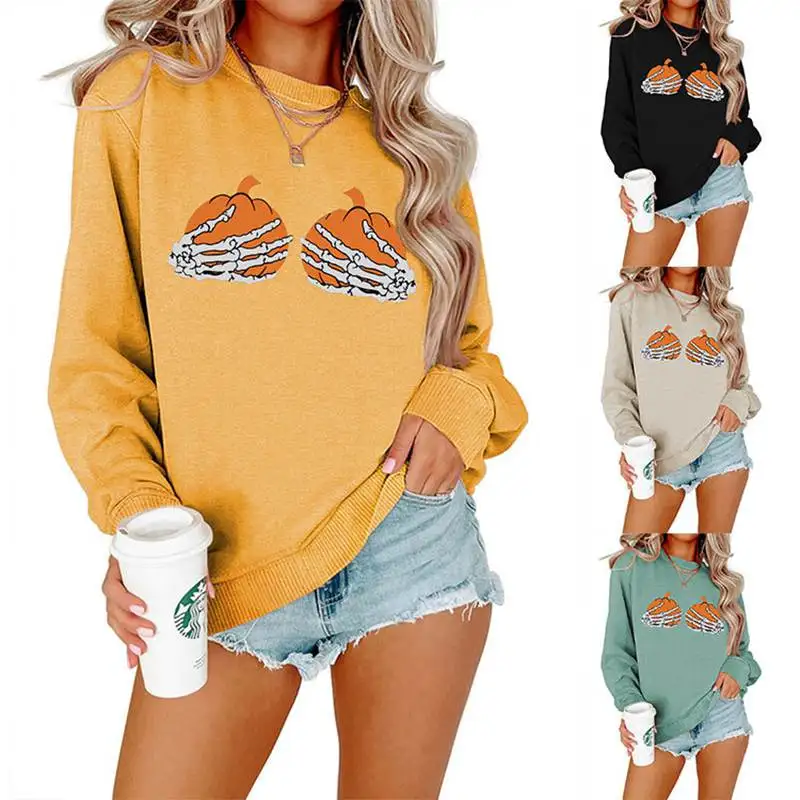 New autumn and winter Halloween women's skeleton hand holding pumpkin print long-sleeved retro round neck sweater