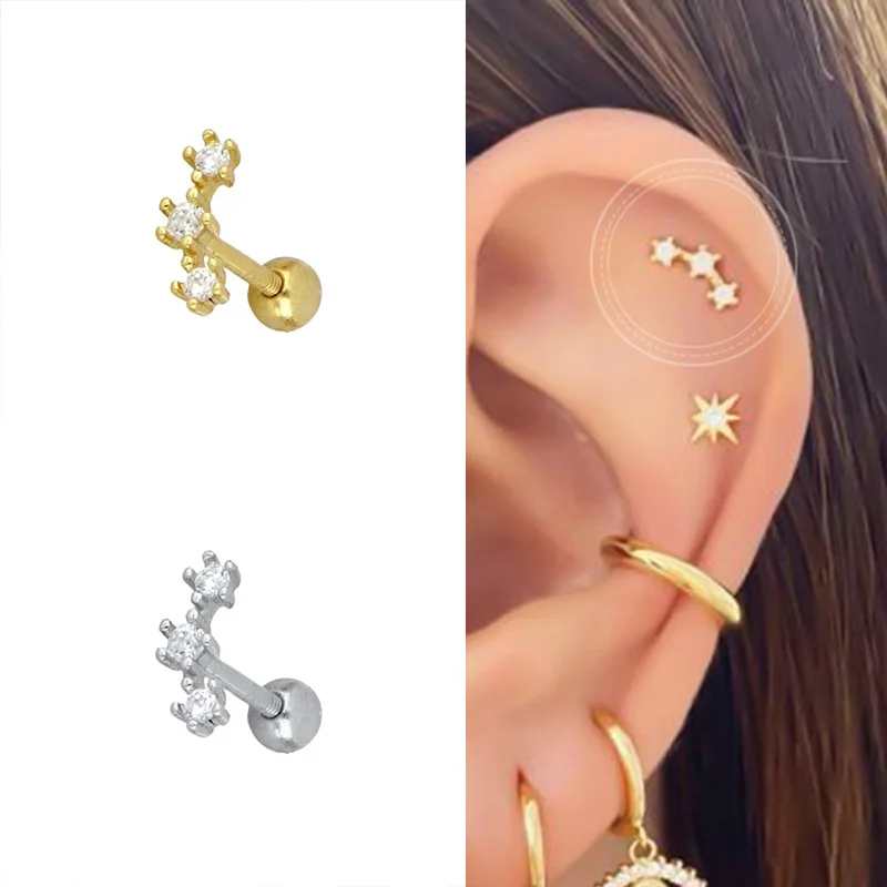 

ITSMOS S925 Sterling Silver 14kgold-plated Piercing Earrings Wind Diamond Three-diamond Screw Needle Earplugs Ear Studs