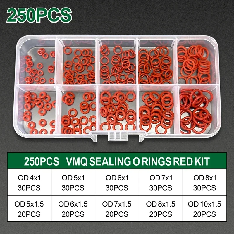 

250 шт. пищевое уплотнительное кольцо VMQ, красное силиконовое кольцо, высокотемпературные маслостойкие уплотнительные прокладки для механического оборудования, оборудования