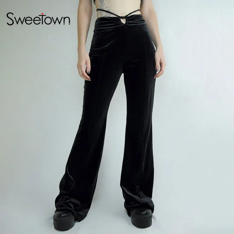 

Черные однотонные бархатные прямые брюки Sweetown на шнуровке с высокой талией, женские простые элегантные базовые офисные женские брюки, корейская мода
