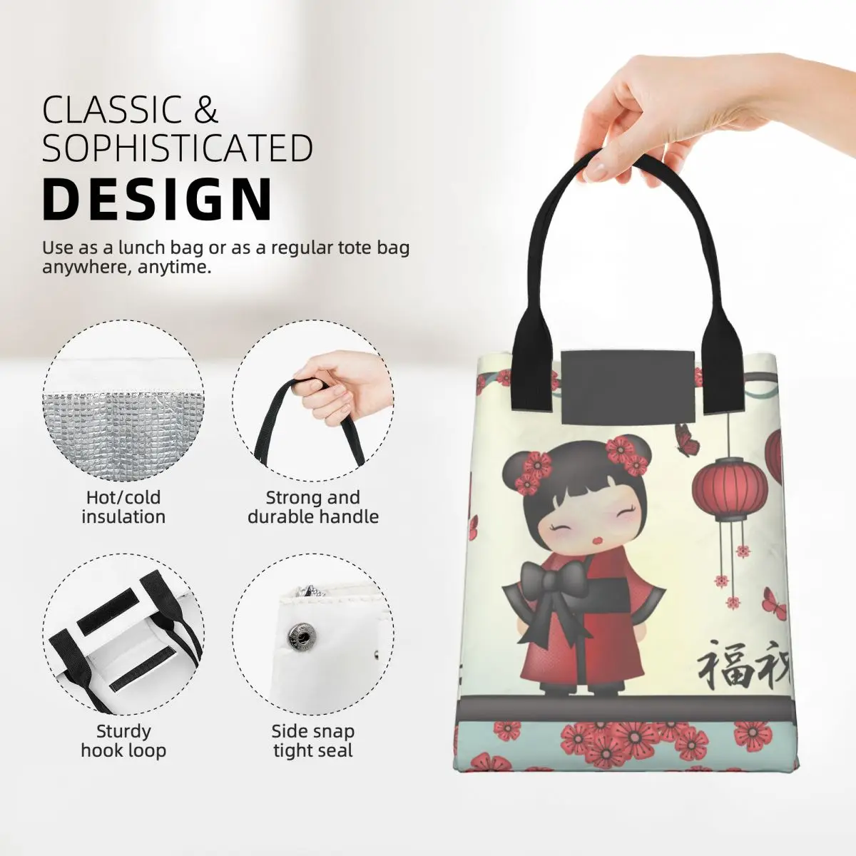 Фото Изолированные пакеты для обедов Kaiko The Kokeshi Doll Bless, пакеты для пищевых контейнеров, многоразовый бумажный охладитель, термальный контейнер для еды для путешествий №5