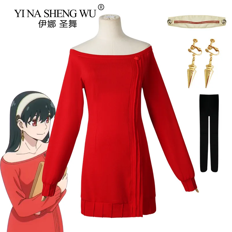 Disfraz de Manga SPYxFAMILY para mujer, traje de Cosplay de Yor Forger, disfraz de Halloween, suéter rojo informal, minifalda, vestido de princesa Yor