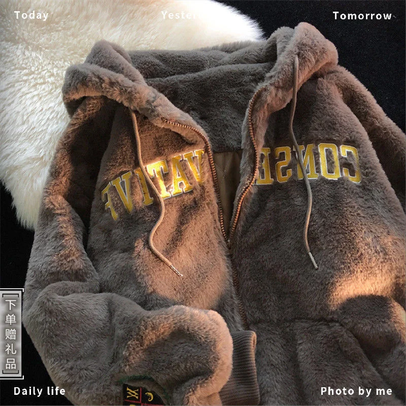 

thickened hooded sweater women's 2021 winter new American style lazy wind plush coat top ins