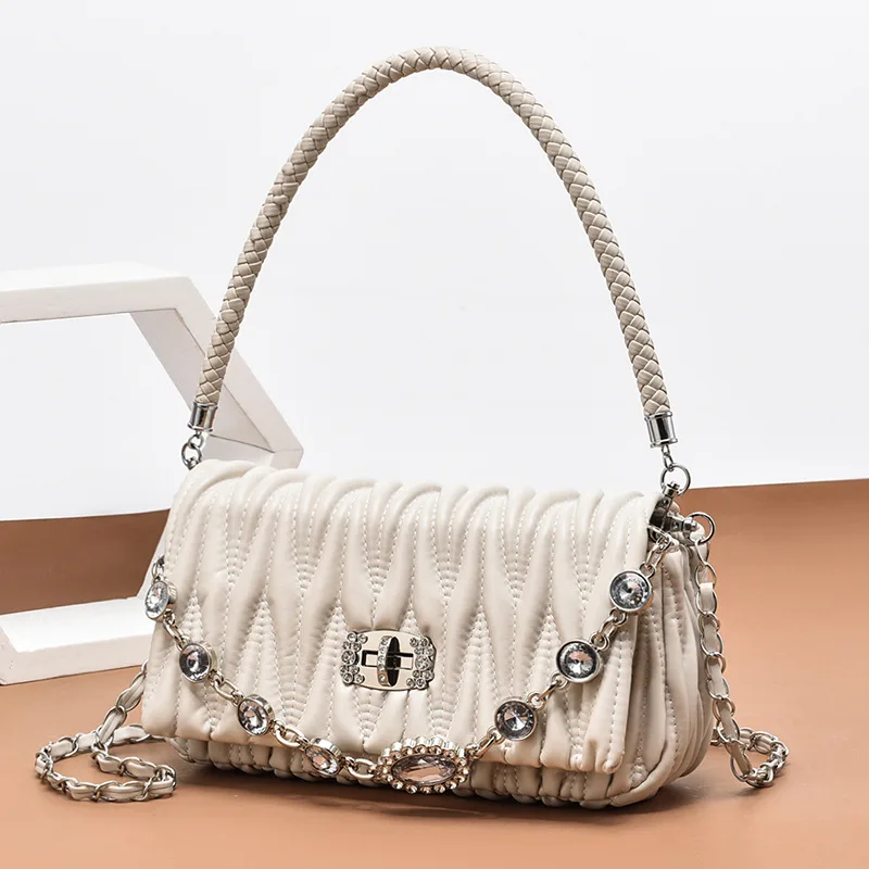 New Fashion Ladies Shoulder Bag Chain Pleated with Diamonds Small Bag for Women Luxury Designer Brand
