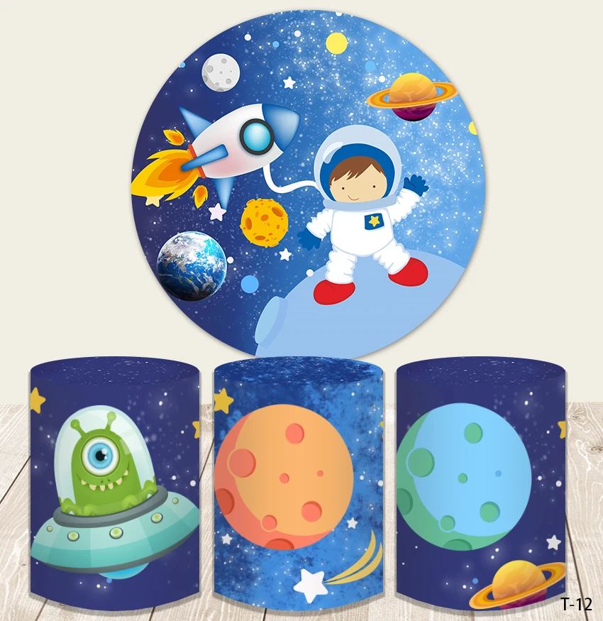 

Cartoon Astronaut Space Round Backdrop Cover Balloons Stars Boys Baby Shower Birthday Party Circle Background Elastic Covers